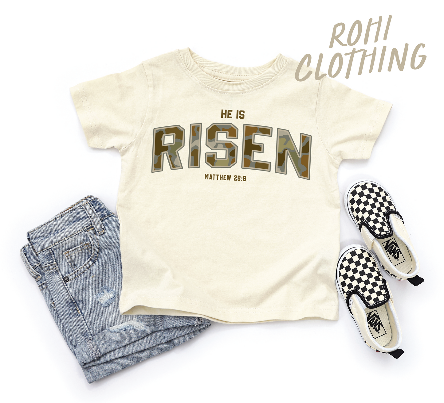 He Is Risen Camo Print Easter Tee — A Kids Easter Faith Tee