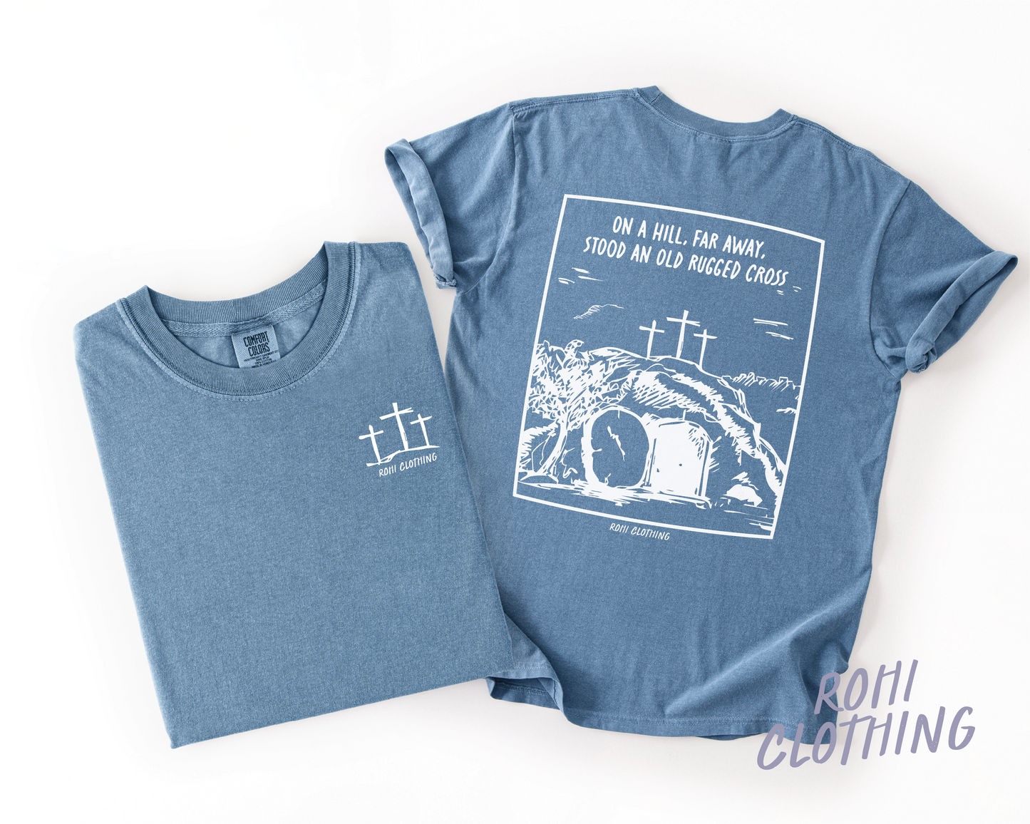 Old Rugged Cross Christian Easter T-Shirt in Denim Blue