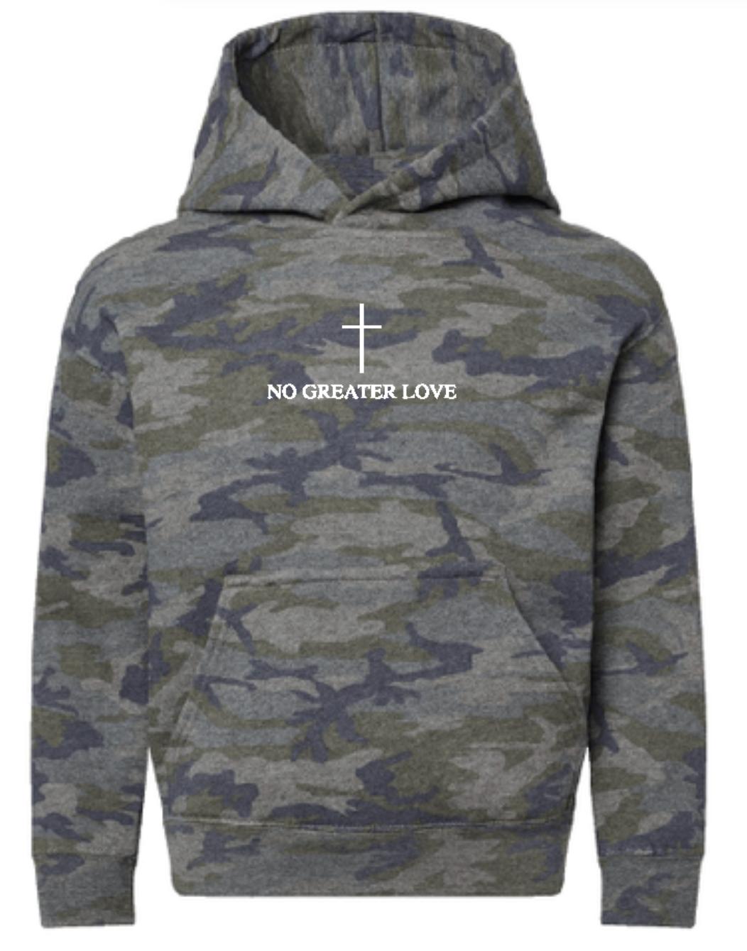 'No Greater Love' Camo Hoodie - Dark Vintage Wash