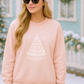 faith based blush pink Christian Christmas sweatshirt with a hand drawn tree design in a Christmas scene