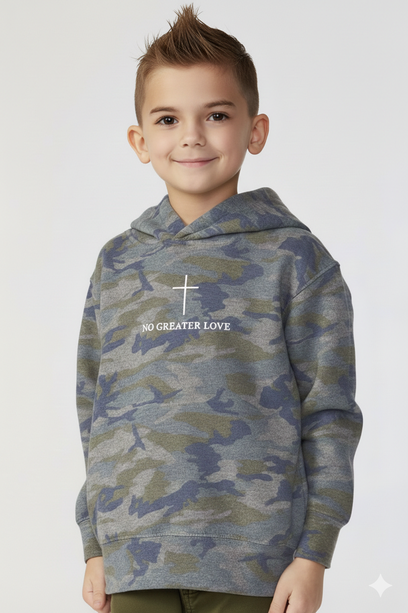 Youth "No Greater Love" Dark Wash Camo Cross Hoodie