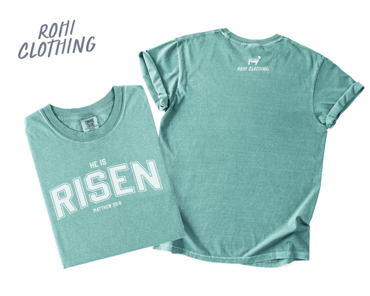 He Is Risen - Easter Adult Tee (Seafoam) - Matthew 28:6