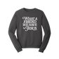 Charcoal gray Christian sweatshirt with white text on a white background that says "What A Friend We Have In Jesus" for casual wear and Christian gifting